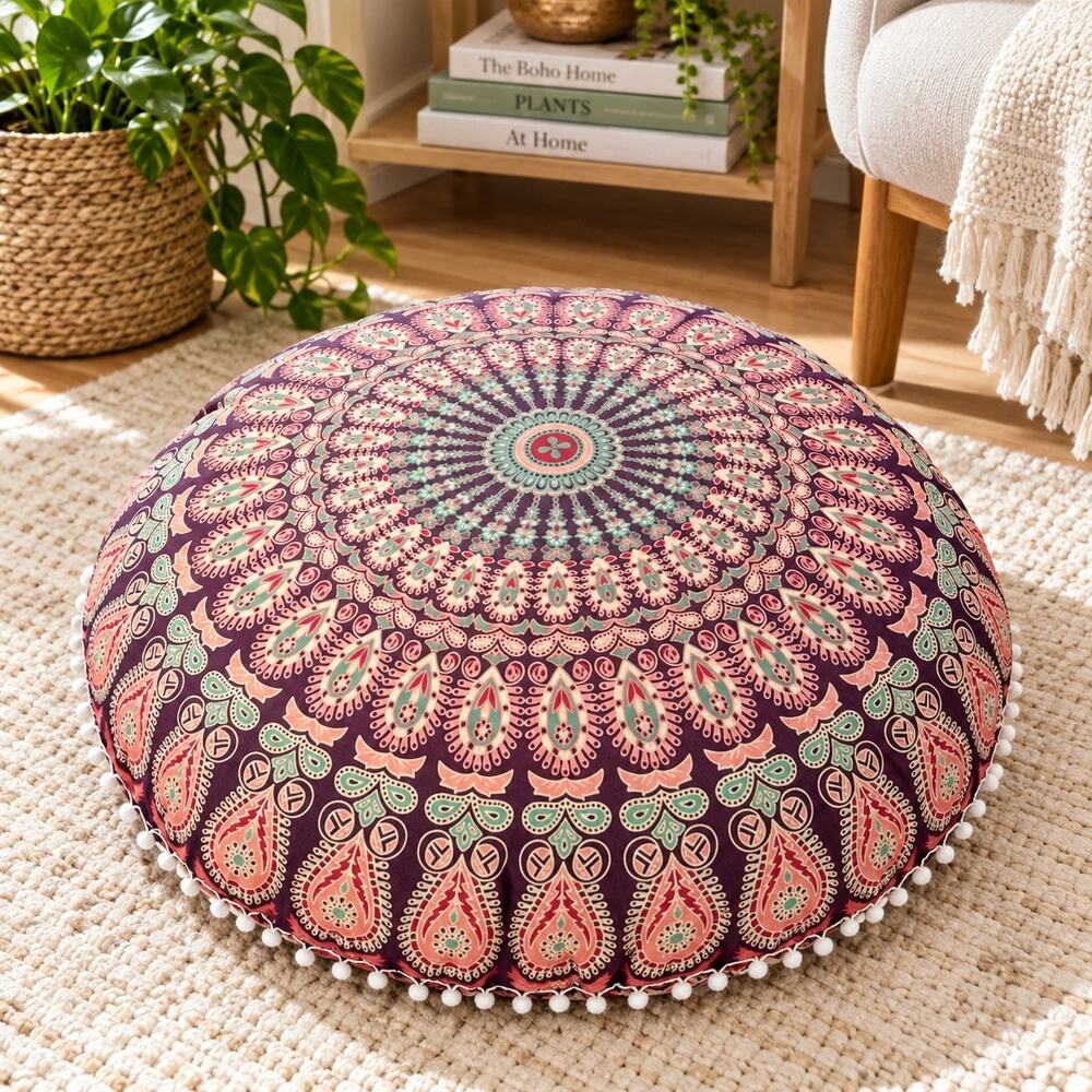 Boho Mandala Round Floor Cushion Purple Pink Pom Pom Meditation Pillow 27”